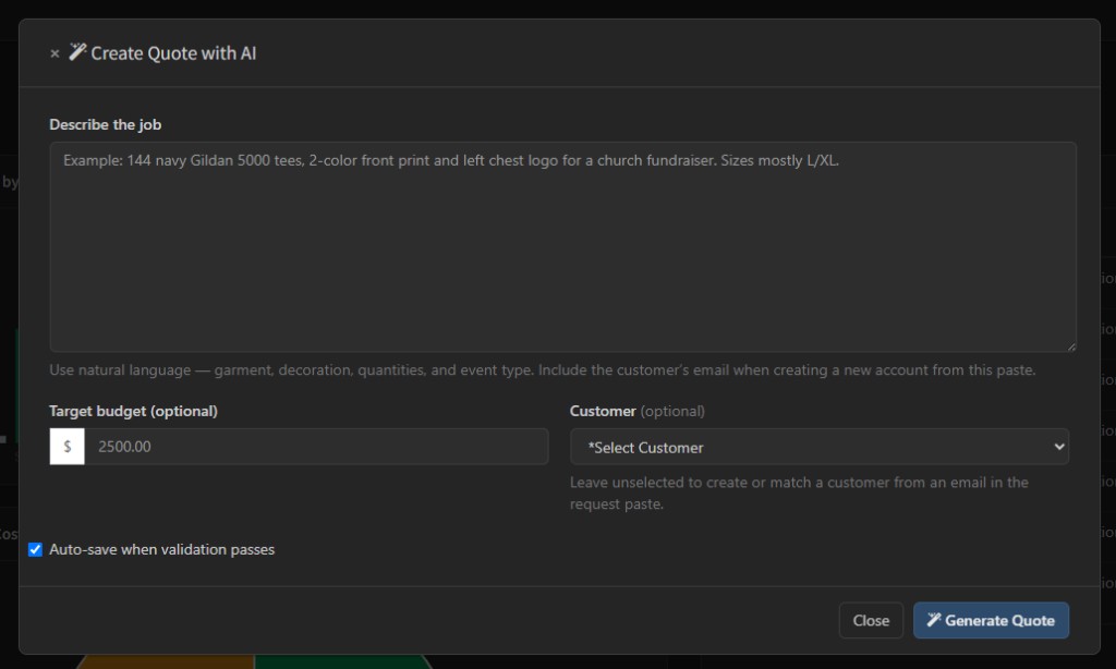 Create Quote with AI modal for pasting a customer email request