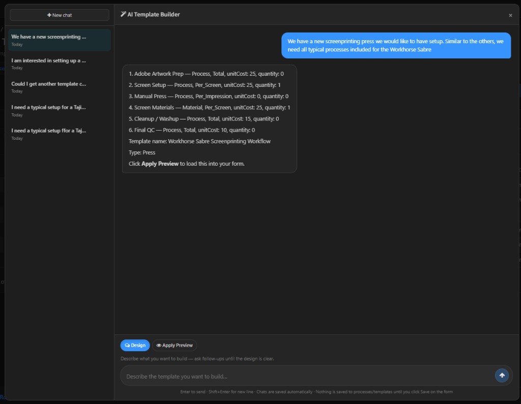 AI Template Builder chat showing a Workhorse Sabre screenprinting workflow