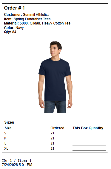 4x6 box label showing order details, garment mockup, and size grid with This Box Quantity lines