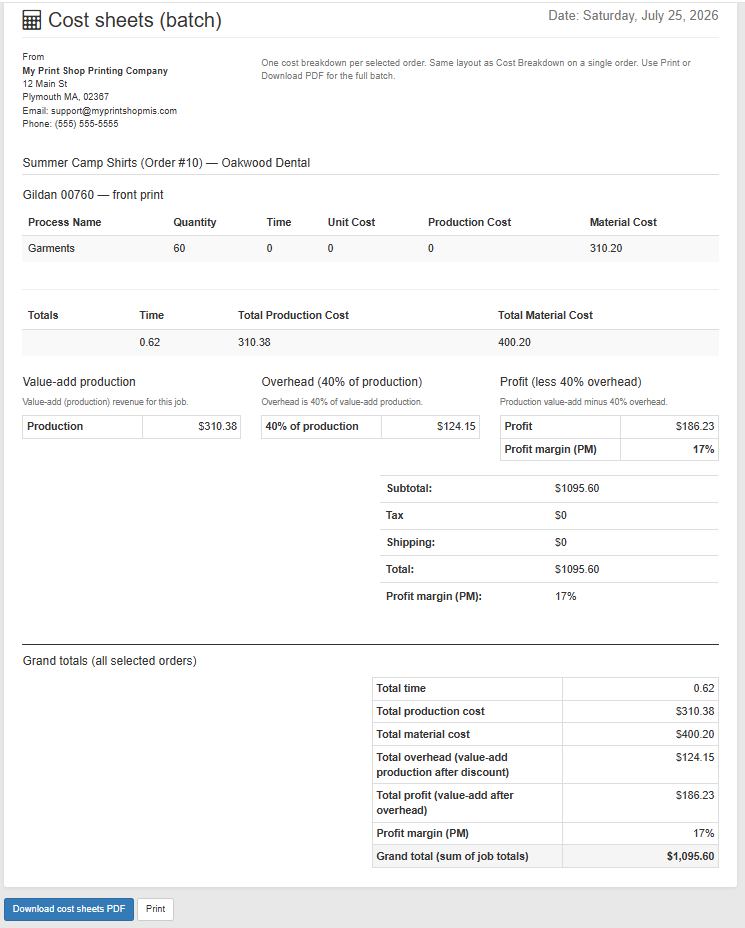Batch cost sheets showing production costs, overhead, profit margin, and grand totals for multiple orders