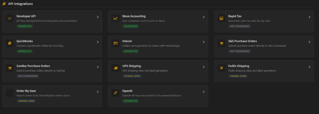 API Integrations settings showing QuickBooks, Wave, Helcim, OpenAI, Developer API, and more