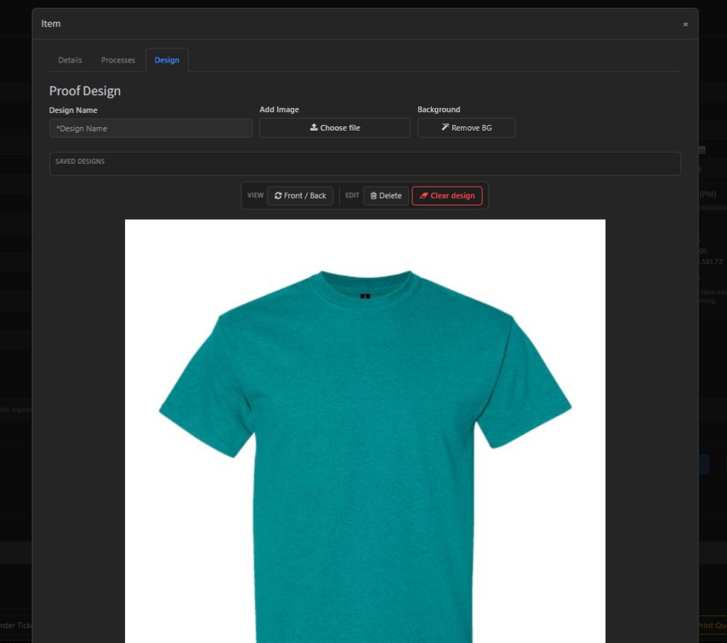 Proof design tool showing artwork on a garment mockup