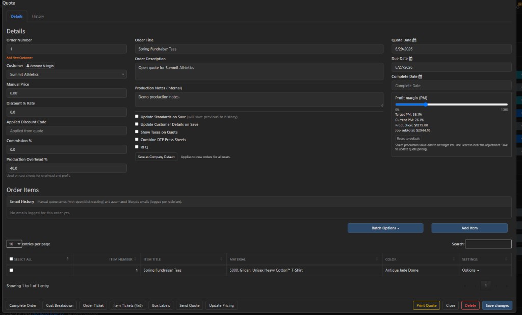 Quote screen with profit margin slider, overhead, discounts, and print options